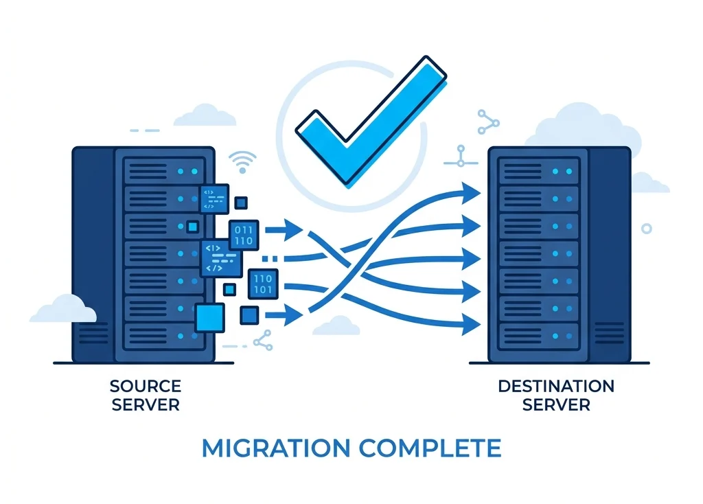 Server to server file transfer illustration with blue success checkmark