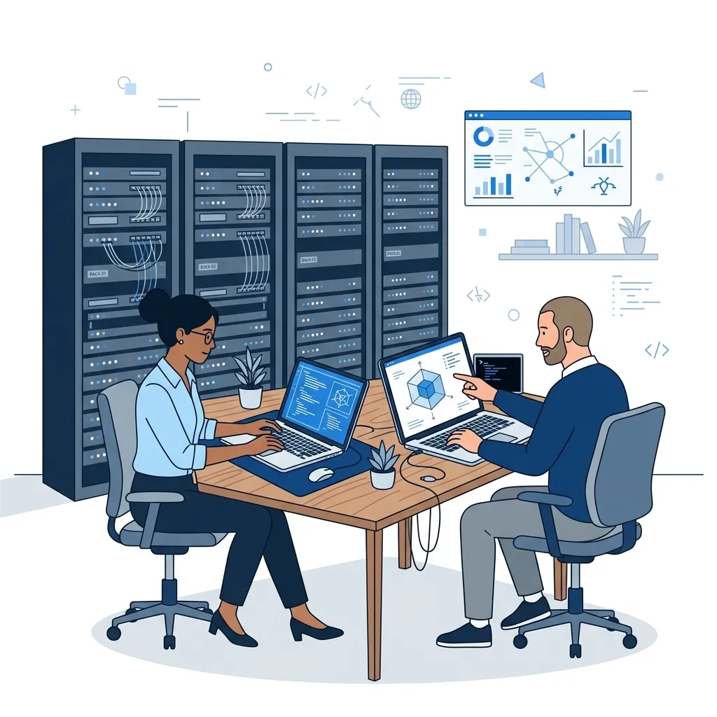 Two engineers deploying hosting configurations on server hardware